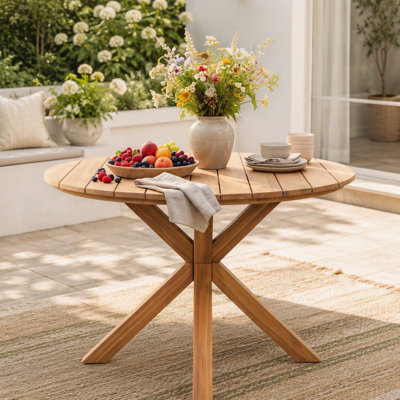 44.5 Inch Round Outdoor Dining Table, Premium Acacia Wood Patio Table with X-Shaped Base, Slatted Wooden  Table for Garden, Backyard, Balcony and Indoor Use, Natural Wood Finish