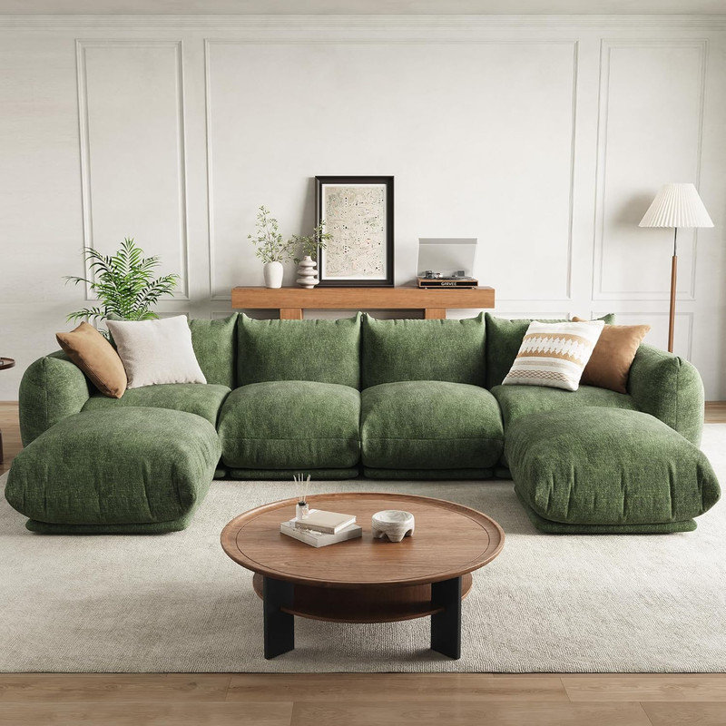 Canapé modulaire en U de Boneless de 126 po, canapé en chenille avec siège profond pour grand salon, Vert