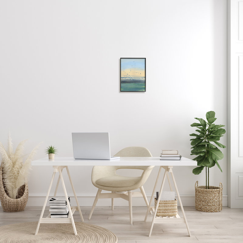 Conceptuel jaune océan coucher de soleil bleu peinture éclaboussures - Peinture, Giclée encadrée noir minuit