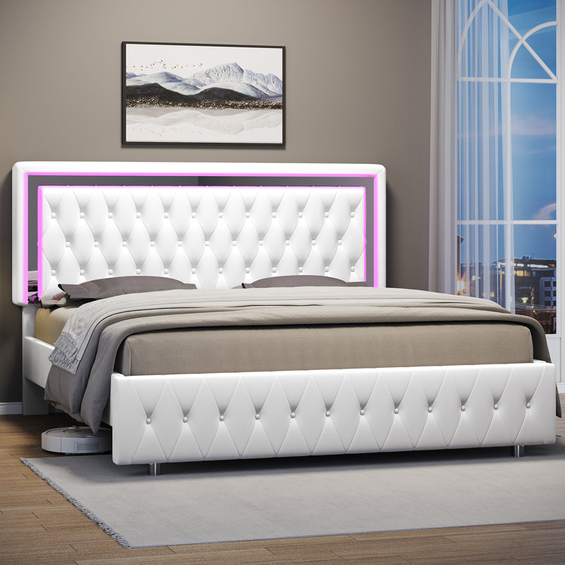 White Velvet Queen Platform Bed with LED Lighted Tufted Headboard