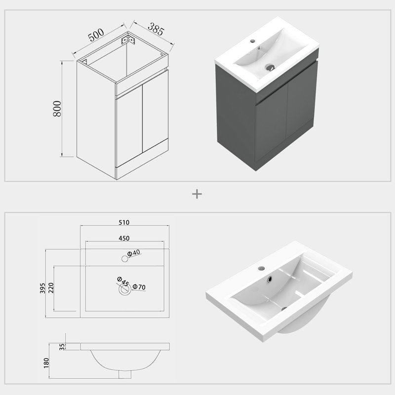 Confesor 500mm Single Bathroom Vanity with Drop In Ceramic Basin, Anthracite