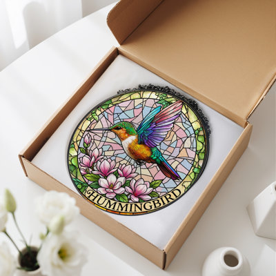 Panneau de vitrail à motif de colibri floral 12 po H 12 po