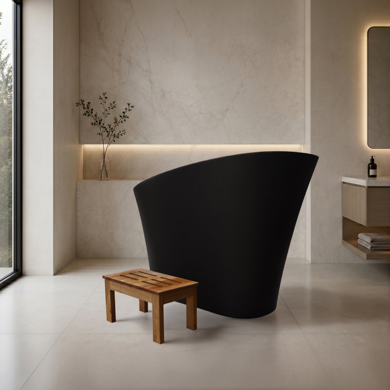 47" Japanese Deep Soaking Solid Surface Bathtub In Matte Black, Black