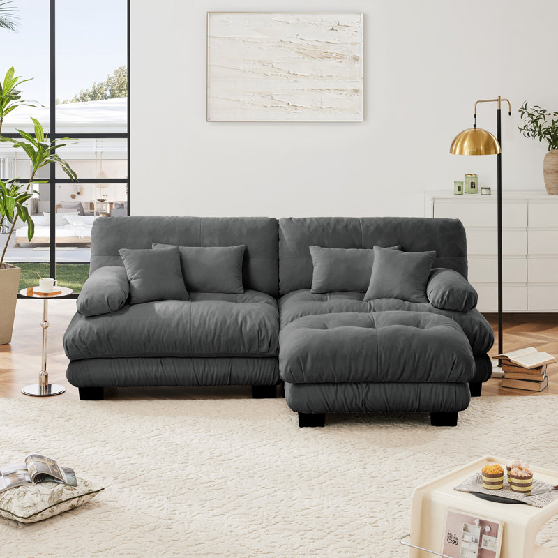 Chenille Cloud Couch 2 Seater Sofa with Ottoman, Gray, 35.4" H x 94.4" W x 36" D