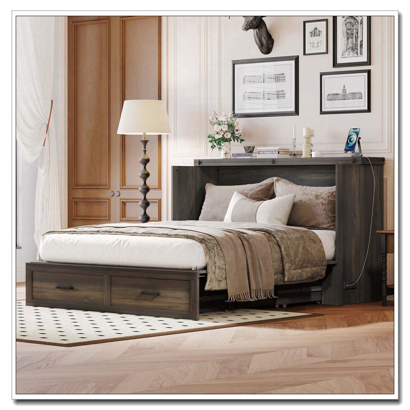 Grand lit escamotable style ferme avec station de charge et tiroir de rangement, Gris