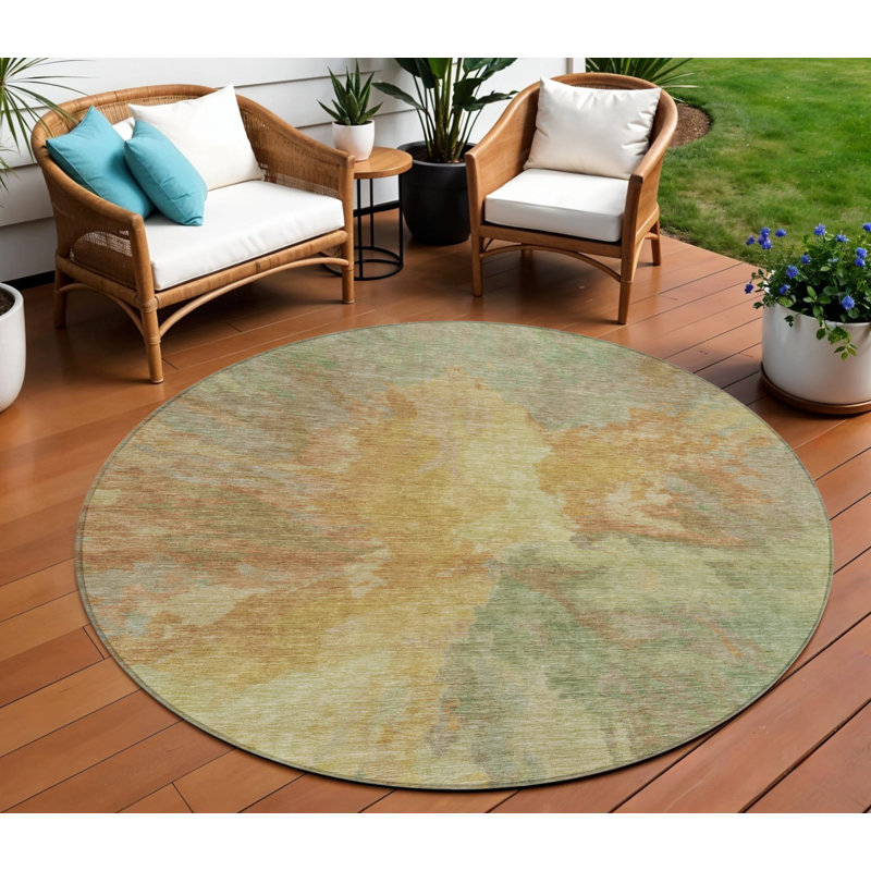 8' Artichoke Green Round Abstract Washable Indoor Outdoor Area Rug