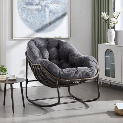 Chaise berçante d'extérieur en rotin, fauteuil inclinable et berçant rembourré, chaise berçante surdimensionnée en osier pour porche, salon, patio et jardin