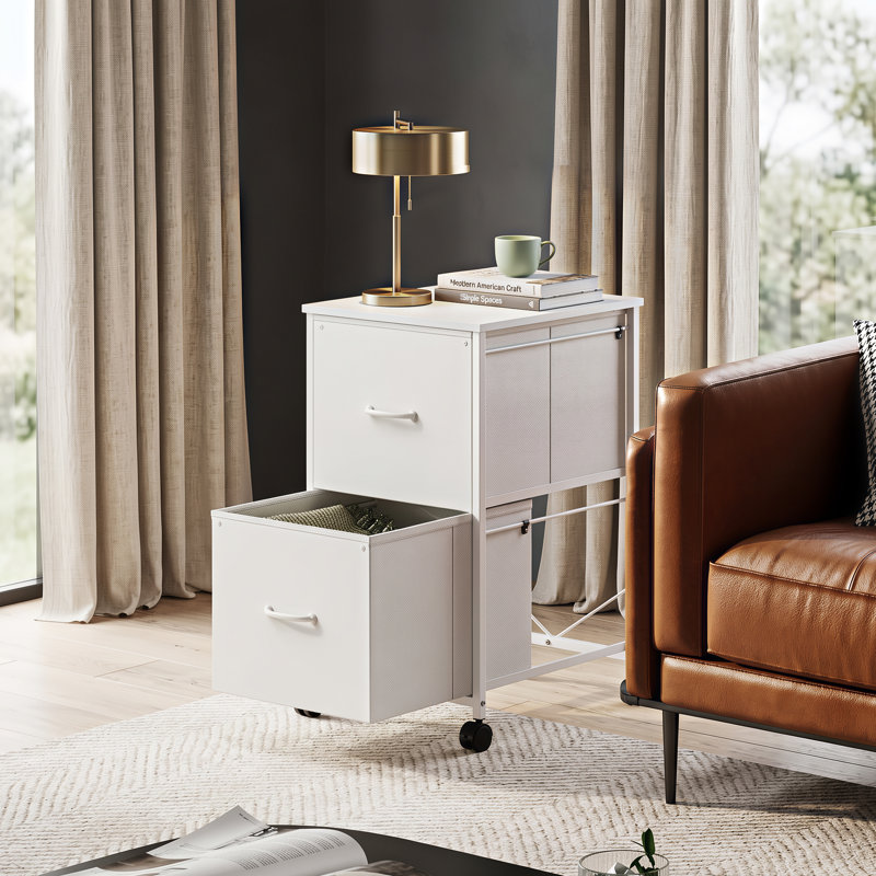 Kahira 2 Drawer Mobile File Cabinet, Wood Top Home Office Filing Cabinets, Printer Cabinet Fits Letter Files, White