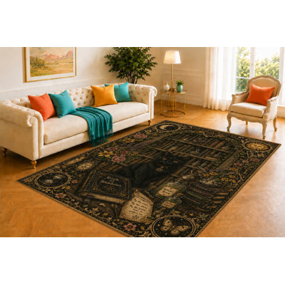 Tapis de bibliothèque de sorcière de 5 pi x 7 pi «Ultra Léger», livret de sortilège de chat noir et bouteille de potion, couvre-plancher imprimé lisse pour la décoration de bureau, de chambre à coucher, de bureau et de maison magique