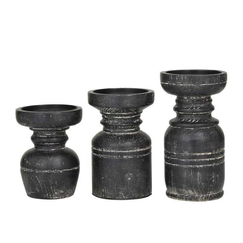 Wood Pillar Brown Decorative Candle Holder with White Wash Finish Set, Black