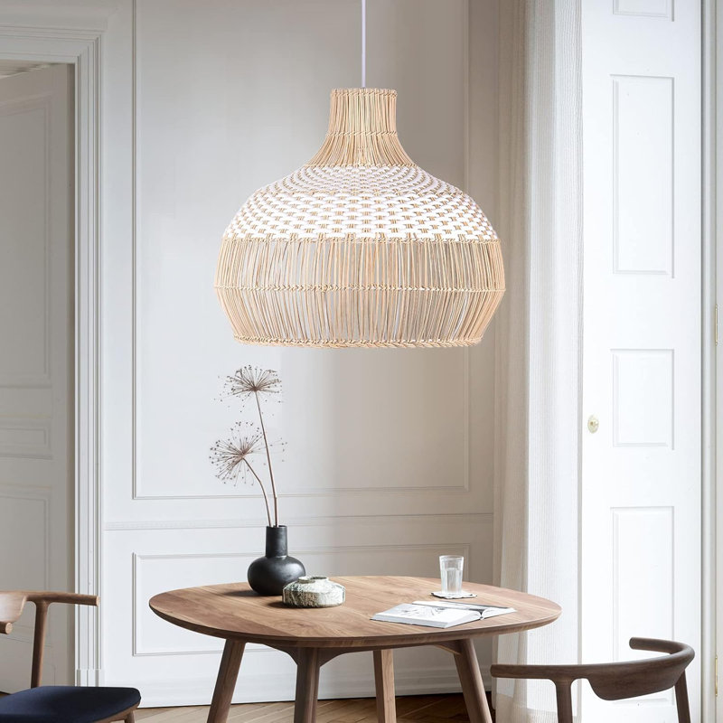 Luminaire suspendu en rotin tissé à la main pour la salle à manger, le salon et la chambre à coucher, plafonnier en osier naturel avec abat-jour blanc, base d'ampoule E26 / E27