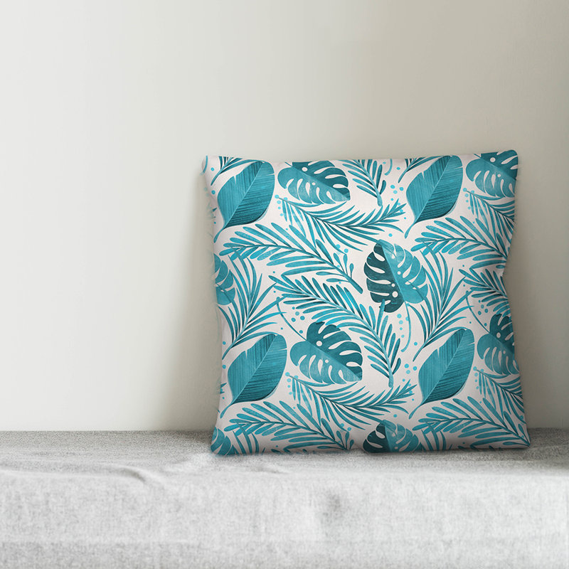  Coussin décoratif intérieur / extérieur Coastal Leaves, 18 po x 18 po, Firozi / Blanc cassé, Polyester / Bourre en polyester