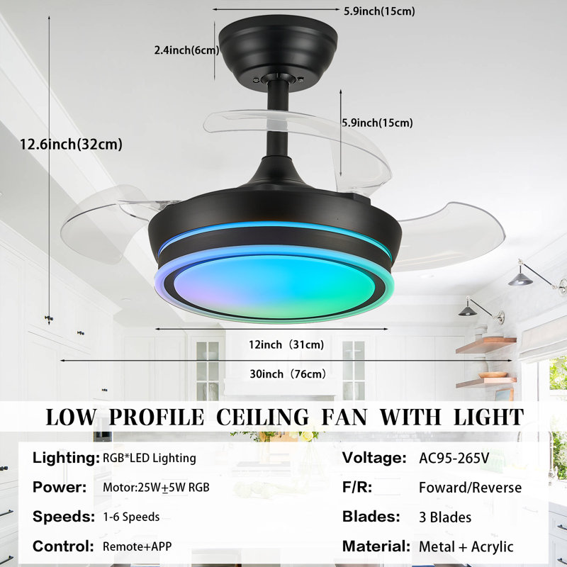 Ventilateur lustre en cristal 30 "Rgb, Noir