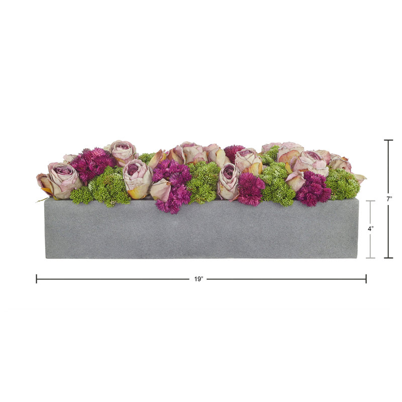 Assortiment de pots de fleurs et roses en fibre de pierre, H 7 po x l 19 po x P 6 po, Gris