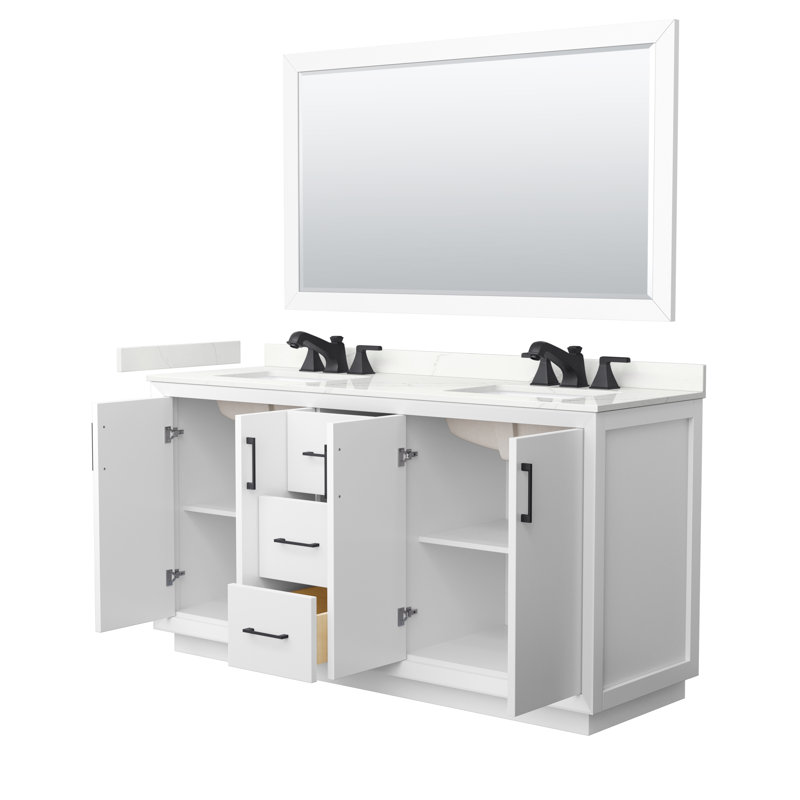 Strada 66'' W Double Vanity, Giotto Quartz, White, Brushed Nickel
