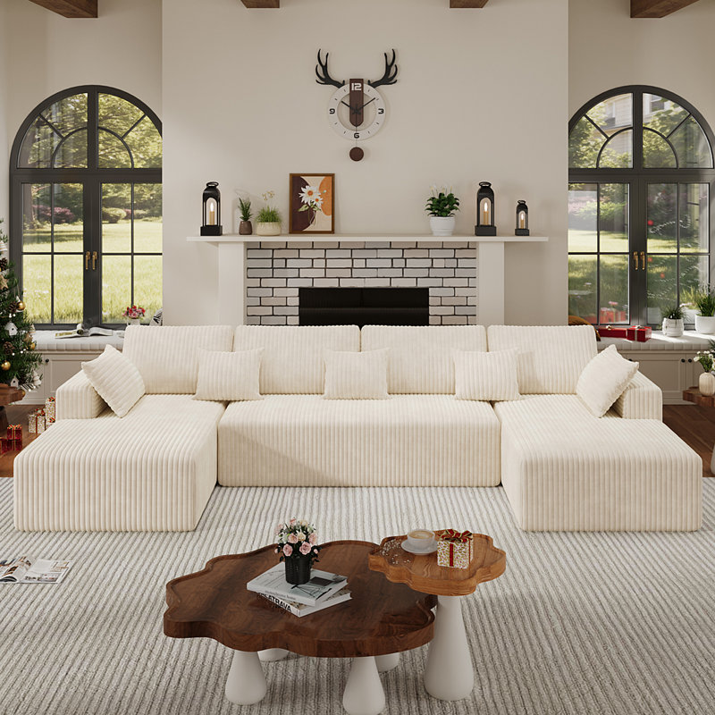 3 - Piece 129.9" U-shaped Convertible Sofa With Chaise Lounge, Modern Sofa Modular Sectional Cloud Couch, 4-seat Deep Seat Sofa With 9 Pillows, Boneless Sofa Couch For Livingroom Bedroom Apartment, Compression Sofa In A Box, No Assembly Required