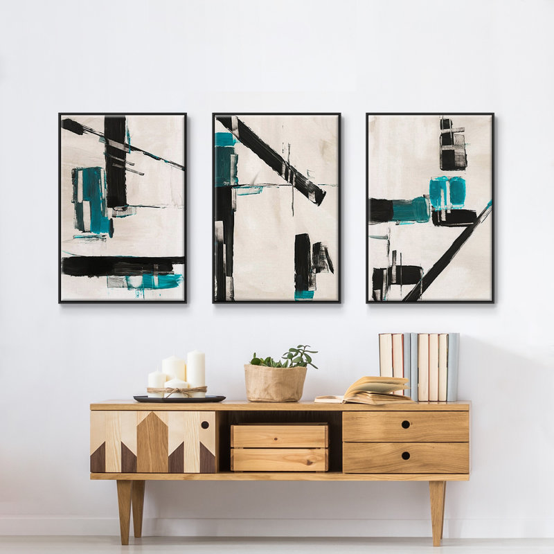 «Geometric Notes I», reproduction encadrée sur toile 3 pièces, H 48 po x l 96 po x P 2 po, Noir