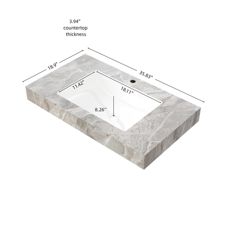 36" MURI Light Gray Sintered Stone Countertop And Undermount Ceramic Basin With One Standard Pre-Drilled Faucet Hole, NO Cabinet, NO Faucet And Sink Cover