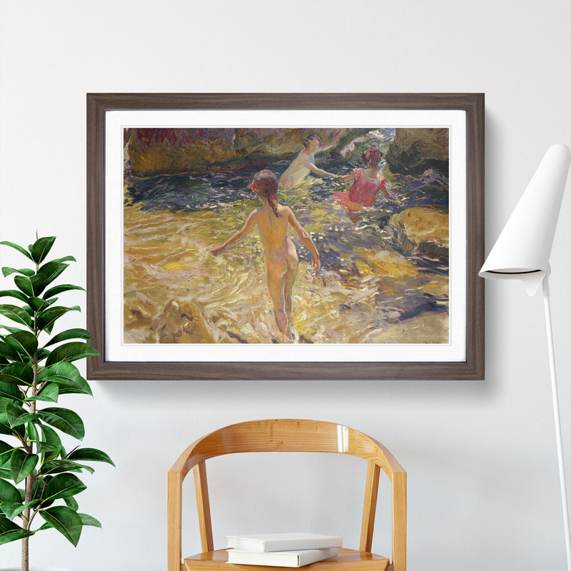 Swimming in the Sea by Joaquin Sorolla Y Bastida - Picture Frame Painting, Walnut Framed, 48cm H x 65cm W x 2cm D