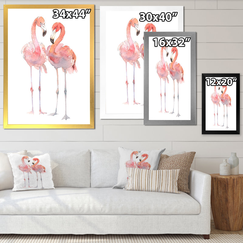 Flamants roses sur fond blanc II - reproduction sur toile, H 44 po x l 34 po, Toile blanche avec cadre d'angle fermé