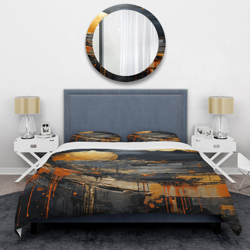 Ensemble de housse de couette noir et orange Marble Moon II - Abstract Modern Shapes