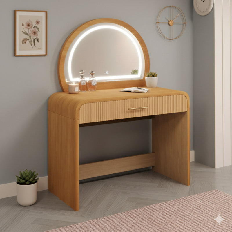 39-Inch Makeup Vanity Table With A Touch Screen Lighted Mirror. A Dressing Table With A Drawer For Bedroom Use, In A Natural Finish.