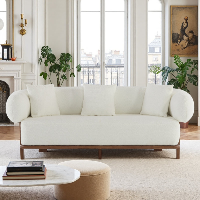 Clintin 82" Boucle Upholstered Rubberwood Sofa With Curved Round Arm, Beige