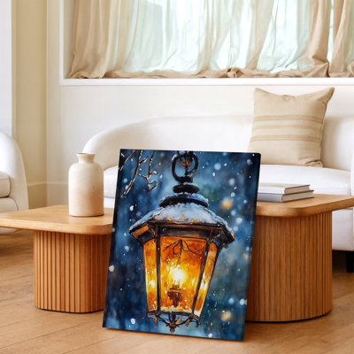 Winter Snow Lantern Painting Rustic Outdoor Light Blue Night Canvas Wall Art Print, Blue Rustic Decorative Artwork for Home Decor, Bedroom, Living Room, Office, Gallery Wall Accent