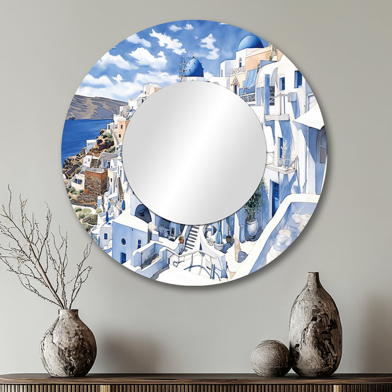 Greek Santorini Odyssey I - Greece Decorative Mirror, Country Large Round Wall Mirror, Printed Metal Art, 29" x 29"