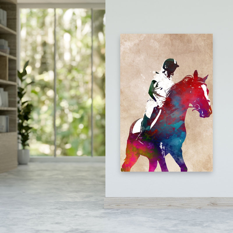 Aquarelle, cheval, cavalier, art mural contemporain, 60" H x 40" W