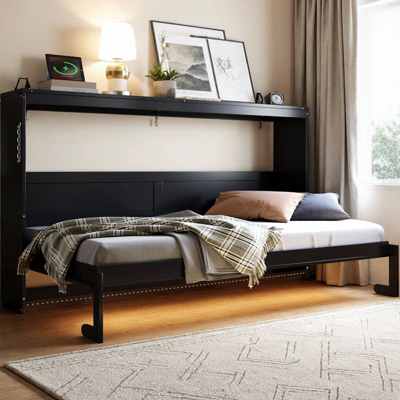 Lit escamotable sur le côté avec motif imprimé moderne, éclairage DEL sous le lit et prise USB intégrée, lit mural peu encombrant avec lumières d'ambiance pour petits appartements et chambres d'amis
