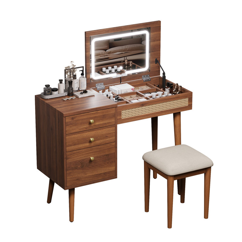 Meuble-lavabo de 39 po de style bohème rétro, bureau Vantiy avec miroir et lumières DEL, coiffeuse avec plateau rabattable, coiffeuse avec rangement à 3 tiroirs, 10 compartiments, ensemble de coiffeuse pour la maison, noyer