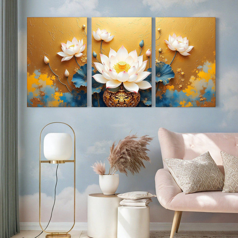 Tableau mural sur toile tendue à motif floral de lotus doré (ensemble de 3), H 18 po x l 36 po