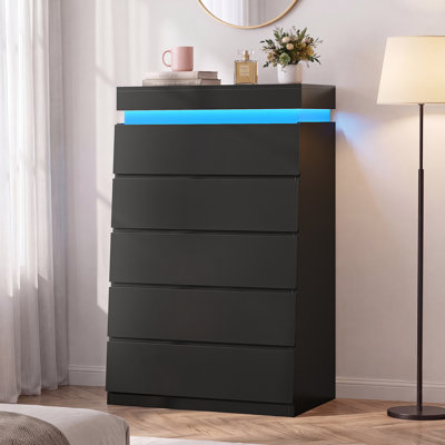 Modern 5-Drawer Vertical Chest with Mood-Sensing LED Lights & High-Gloss Finish – Slim Space-Saving Design for Bedrooms & Gaming Rooms
