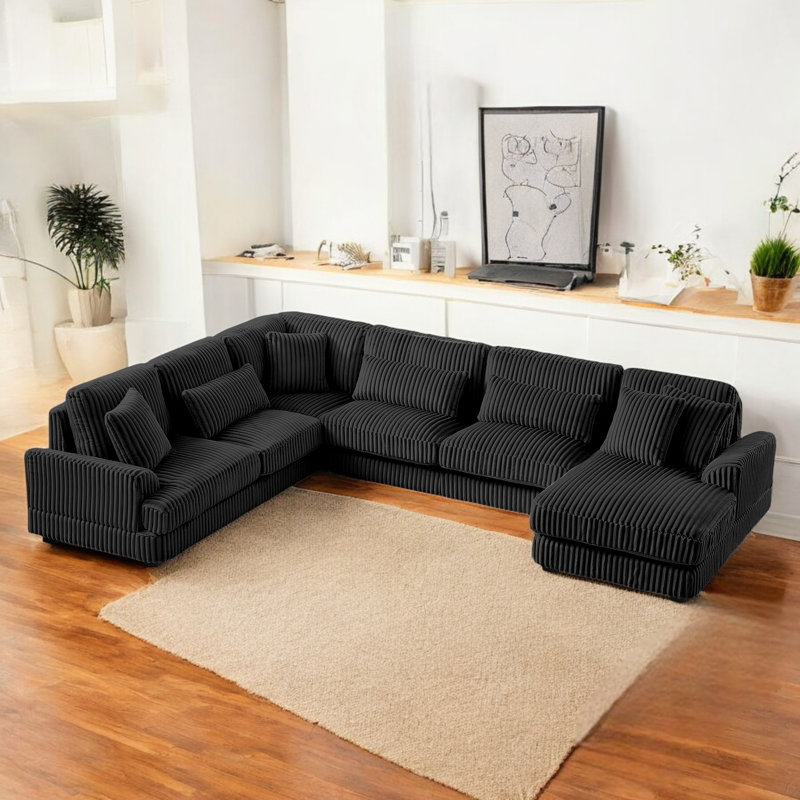 4-Piece Corduroy Upholstered Sectional Sofa, Brown Corduroy