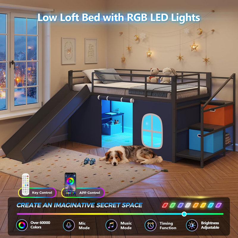 Low Loft Bed Twin Size With Slide, Led Lights And Under-bed Play Space, Metal Loft Bed Frame With 2 Drawers, Storage Stairway, Play Curtain And Safety Guardrail, Twin Beds For Teen, Black
