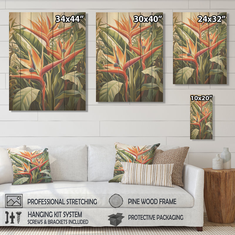 Oiseaux du paradis, fleurs tropicales I - Oiseaux du paradis sur bois, H 44 po x l 34 po