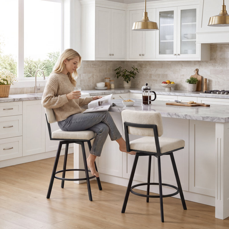 Bronson 26.6" Industrial Swivel Counter Stool with Rectangular Back and Metal Frame, Beige