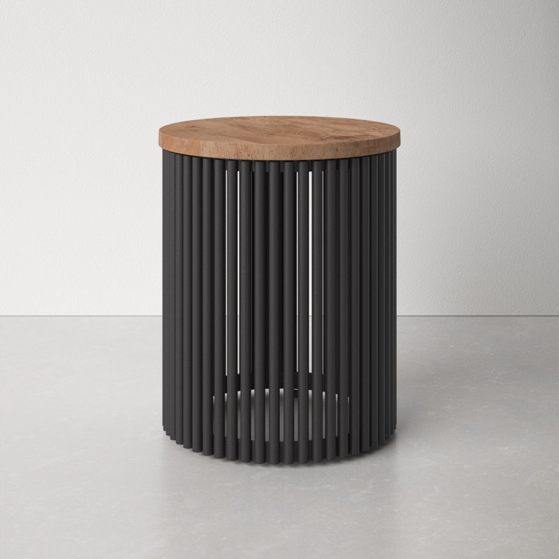 Natural Wood and Black Metal Round Accent Table