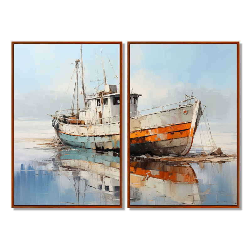Bateau de pêche au port III - décor mural bord de mer, 36" H x 48" W, Impression encadrée flottante, Brown