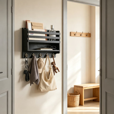 Wall Mounted Mail and Key Organizer with Storage Box and 5 Key Hooks for Entryway, Apartment, Office, Home Decor Organization, Rustic Farmhouse Style