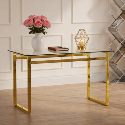 51" Modern Minimalist Rectangular Glass Dining Table For 4-6 With 0.31" Tempered Glass Tabletop And Golden Chrome Metal Legs, Writing Table Desk, For Kitchen Dining Living Room (0 Damage)