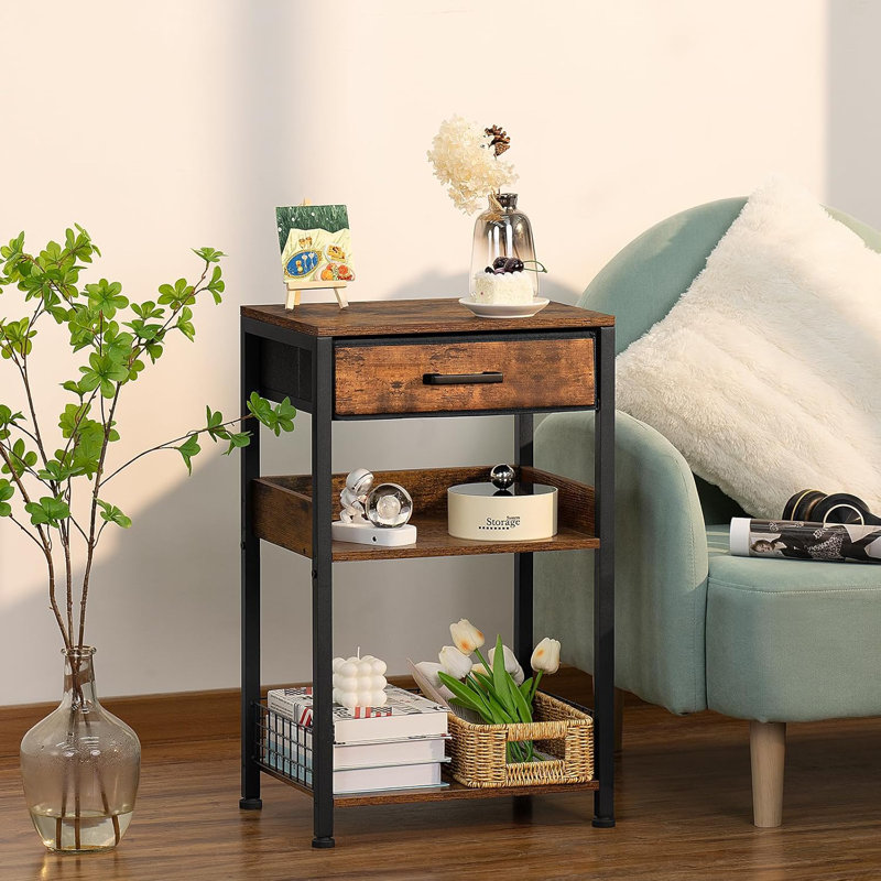 Table d'appoint à 3 niveaux en bois industriel avec rangement, grand support pour imprimante moderne, table de chevet brune rétro, tables de chevet rustiques pour petits espaces de salon