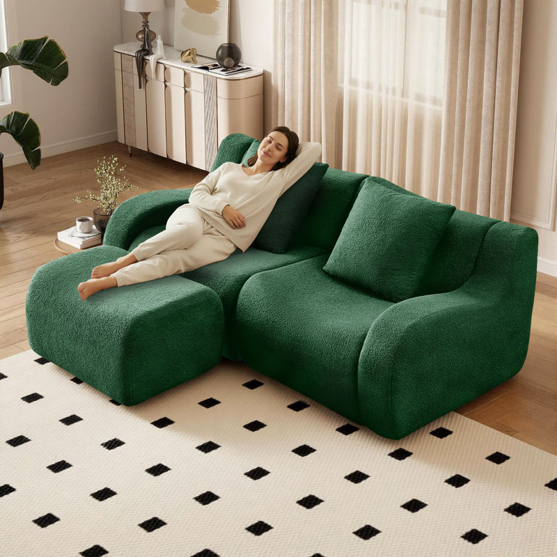 L Shaped Teddy Fabric Boneless Sofa,No Assembly Required Curved Armrest,Streamlined Design Ergonomic Design for Living Room Bedroom, No Assembly Required