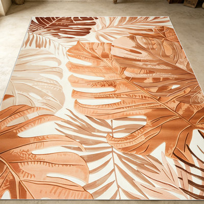 1PC Tropical Palm Monstera Leaf Terracotta Neutral Tone area rugs for Living Room, Soft, All seasons, Easy-maintain, Washable Indoor mat, Farmhouse suitable for for Dining Table, Bedroom, Entryway...