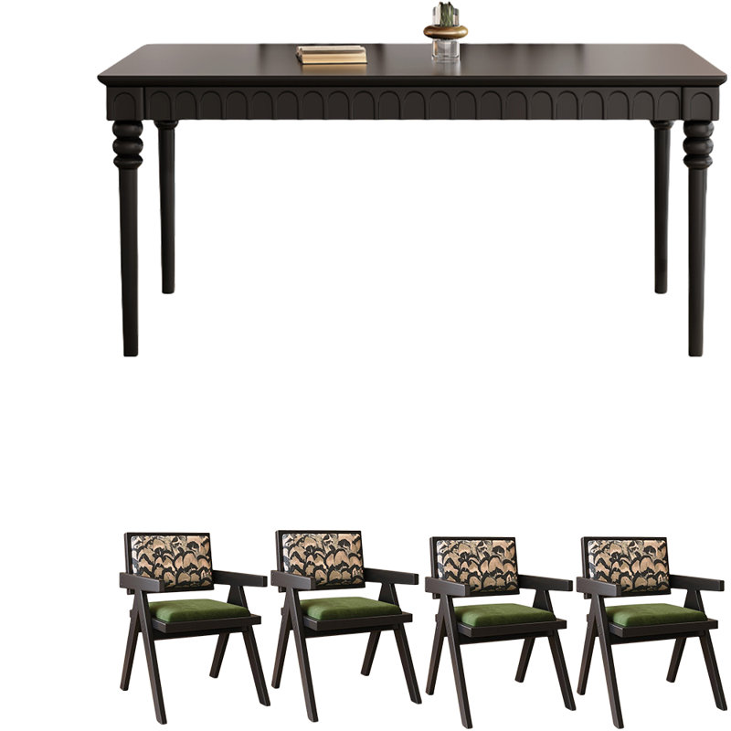 Retro Black Rectangular Solid    Wood Dining Set, 29.5"H x 55.1"L x 33.5"W