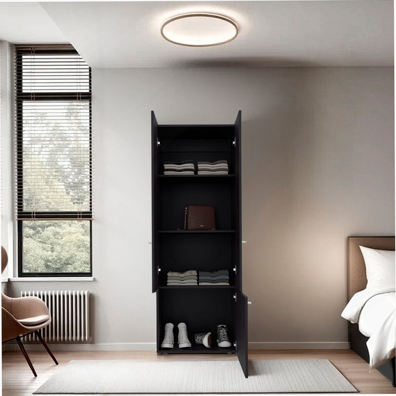Élégante armoire-penderie à 3 portes avec 4 tablettes, idéale pour organiser les articles de chambre à coucher et maximiser l'espace de rangement