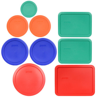 Pyrex (1) 7202 PC vert, (2) 7200 PC orange, (2) 7201 PC bleu, (1) 7402 PC rouge, (2) 7210 PC vert et (1) 7211 PC couvercle rouge