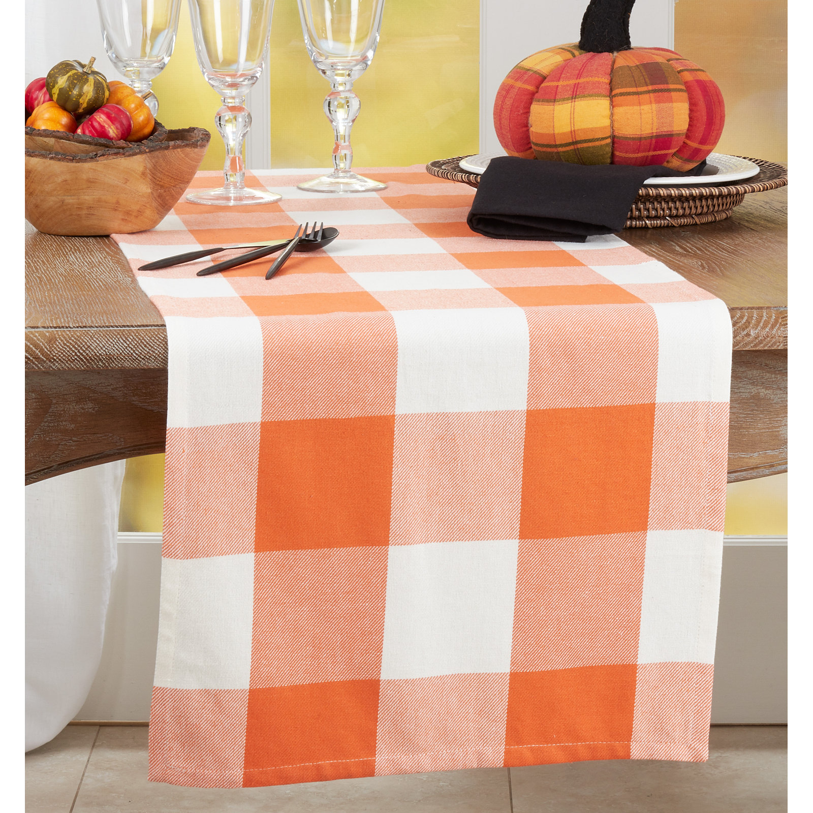Harvest Buffalo Plaid Collection Plaid Table Runnner, 16" W x 90" L, Orange/Black