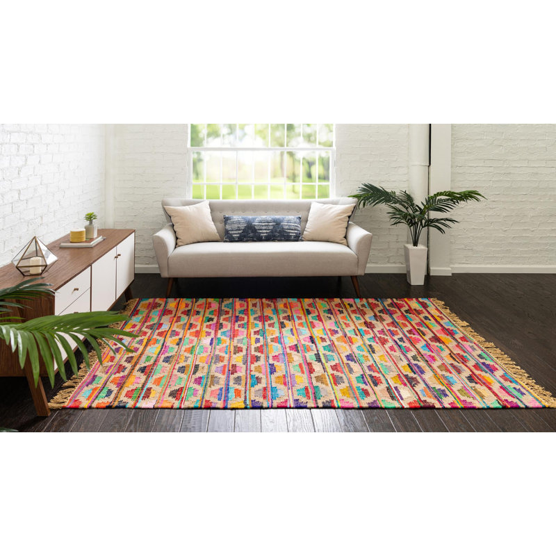Tapis jaune / rouge / bleu en coton tissé à plat à la main Jephum, Rectangle 8 pi x 11 pi